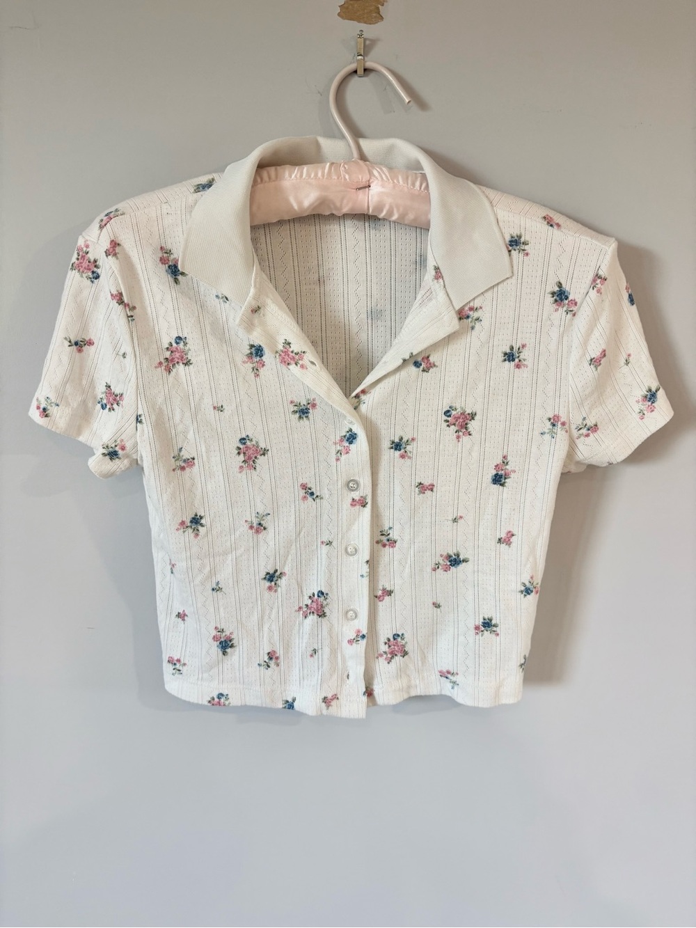 Babydoll Coquette White Floral Button-Front Polo Top